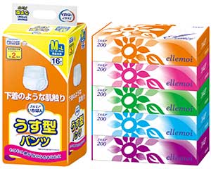 エルモア製品パッケージ写真：（左）エルモアいちばんうす型パンツM～Lサイズ16枚・（右）エルモアティシュー200W5P