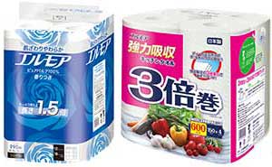 エルモア製品パッケージ写真：（左）エルモアトイレットロール1.5倍巻12ロールS・（右）エルモア強力吸収キッチンタオル3倍巻150C4R